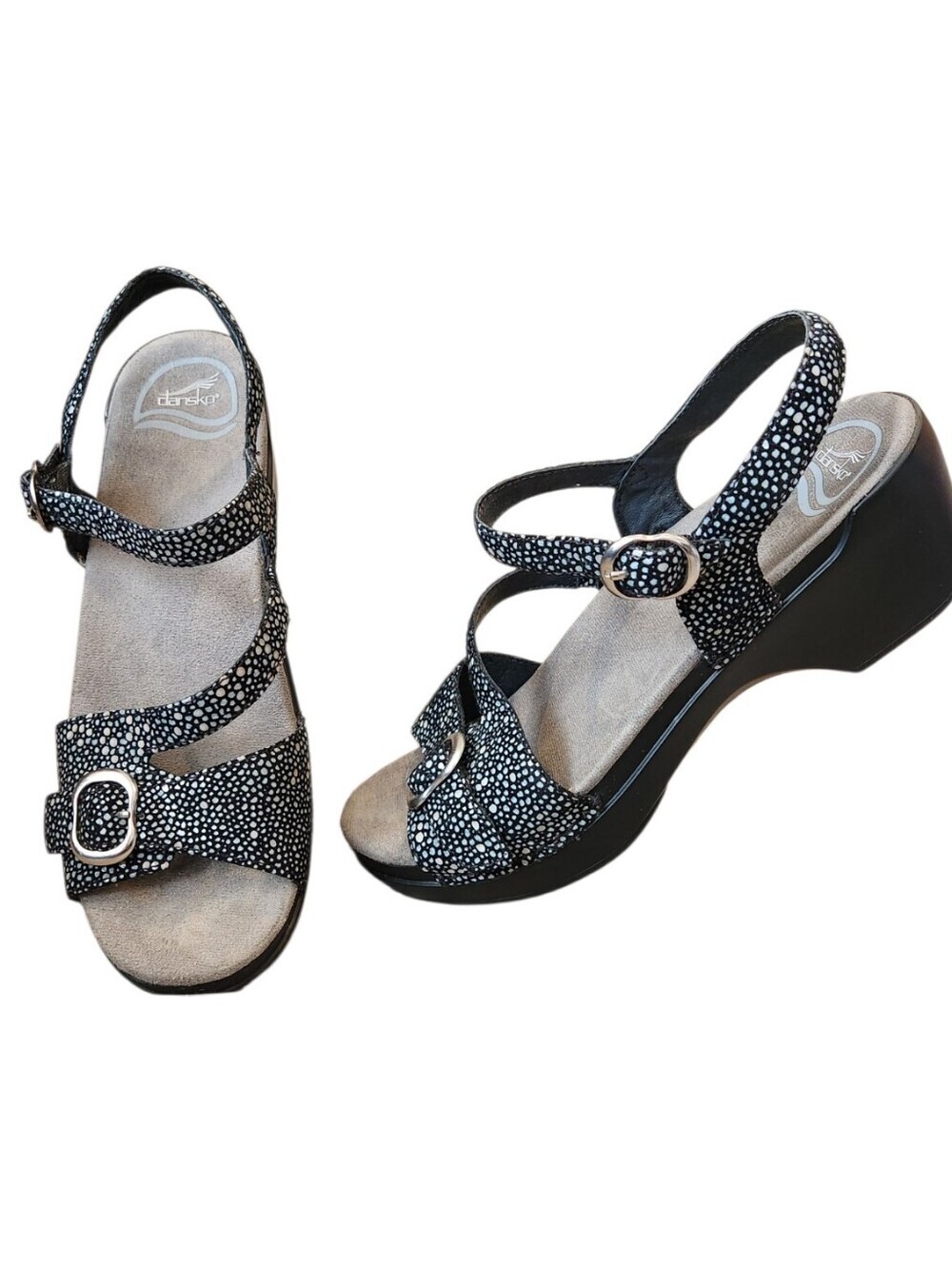 Dansko Sandi Shagreen Black Speckled Leather Wedge Sandals Size 38 Comfort Shoes